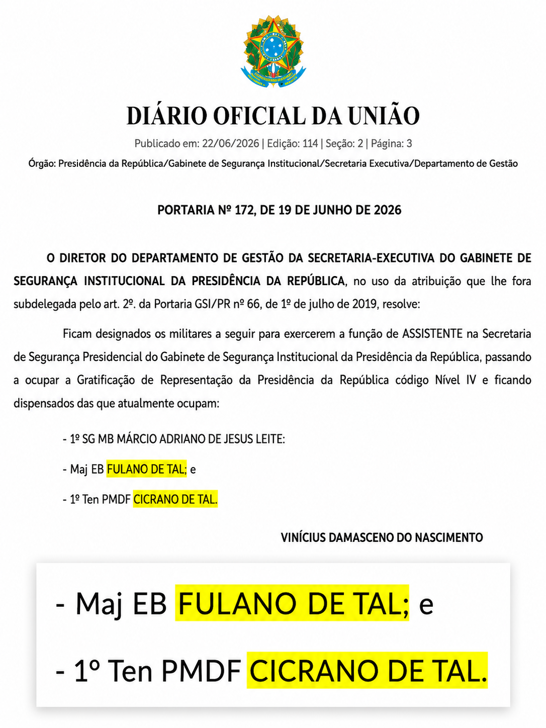 Portaria do GSI nomeia “fulano” e “cicrano” ao publicar portaria oficial